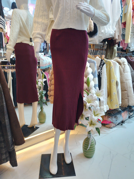 Cabernet Chic" Ribbed Knit Midi Skirt
