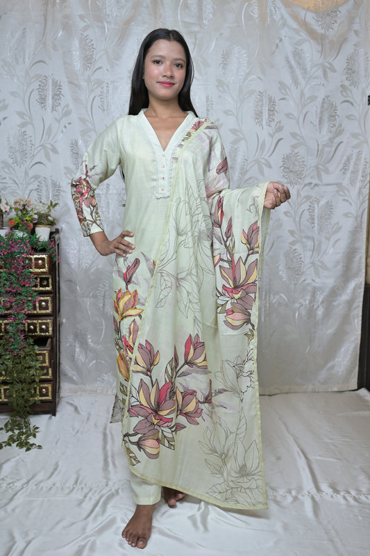 Artisanal Linen Cotton Printed Suit Set with Floral Dupatta