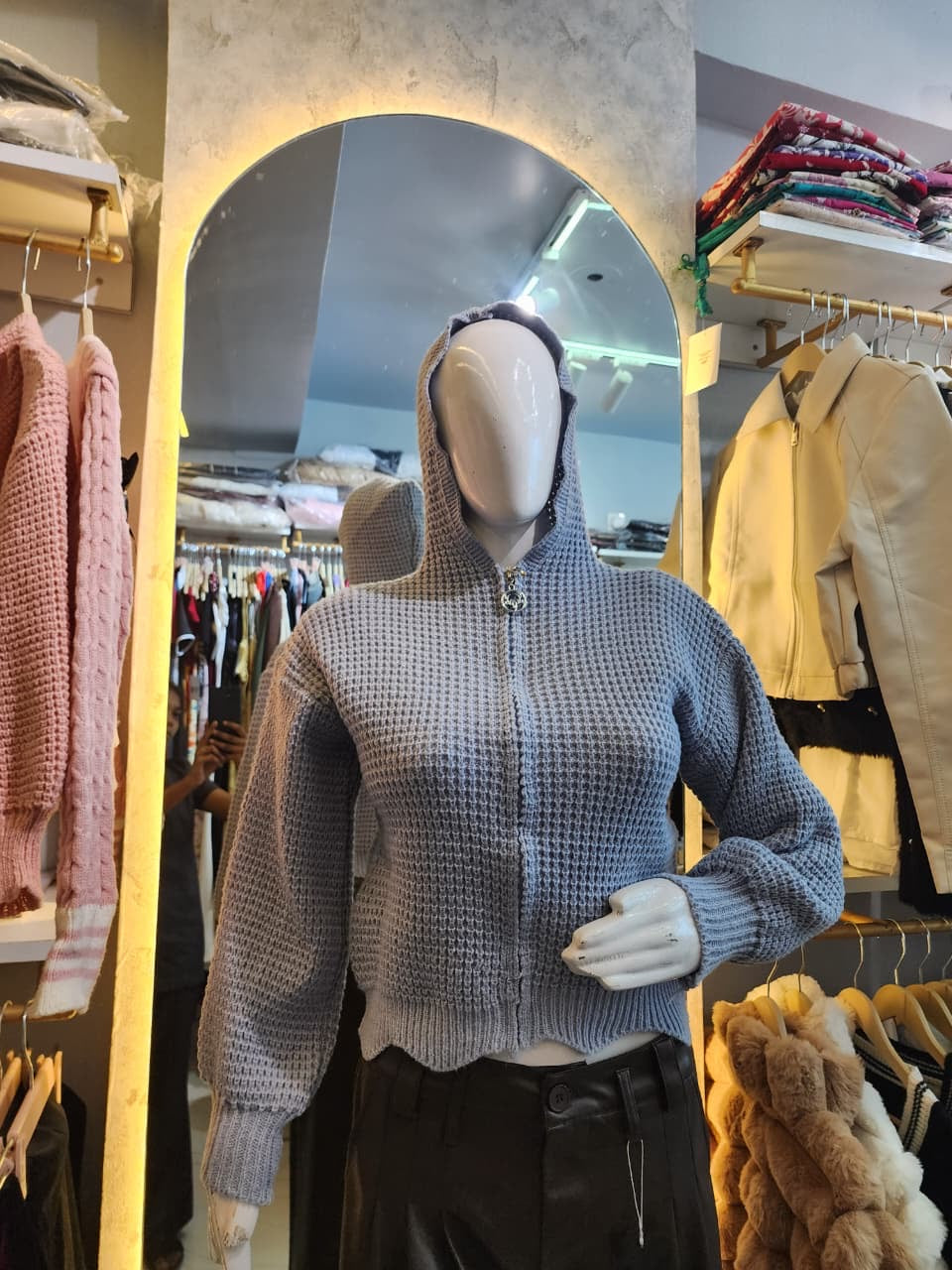 Cropped Waffle Knit Hoodie Cardigan