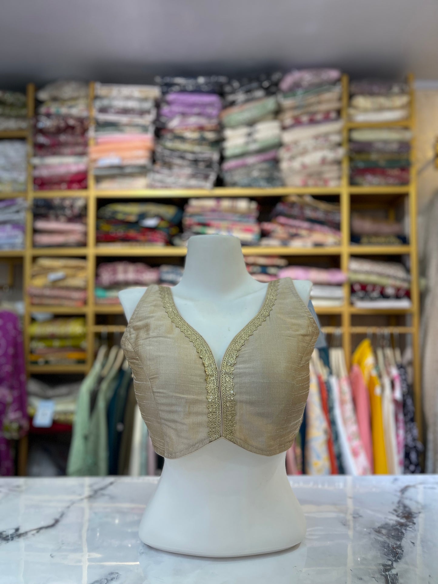 Champagne Gold Solid Sleeveless Blouse with Scalloped Zari Trim