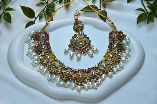 Multicolor Meenakari Kundan Choker Set with Pearl Drops