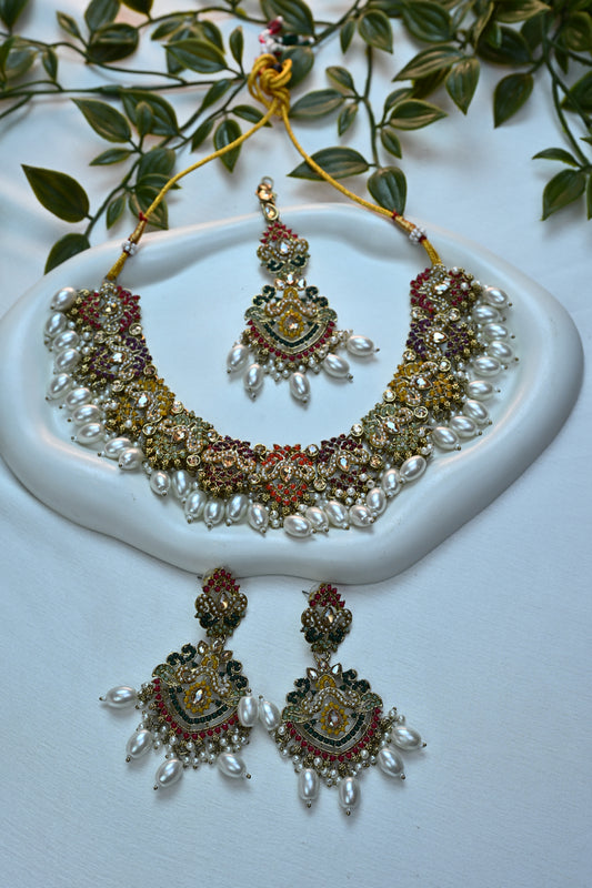 Multicolor Meenakari Kundan Choker Set with Pearl Drops