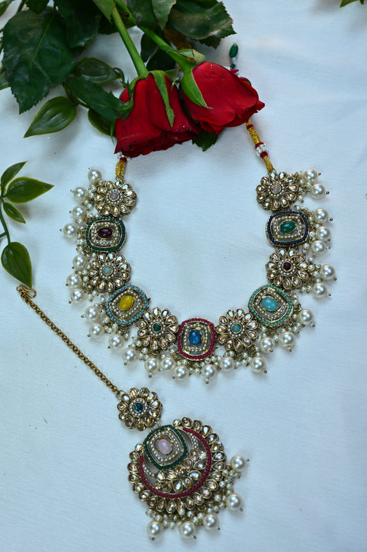 Multicolor Meenakari Kundan Choker Set with Pearl Drops and Maang Tikka
