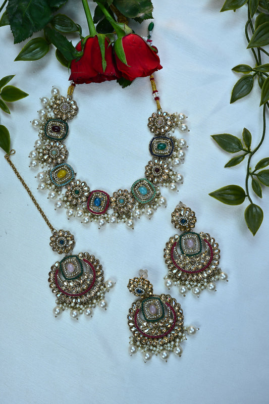 Multicolor Meenakari Kundan Choker Set with Pearl Drops and Maang Tikka