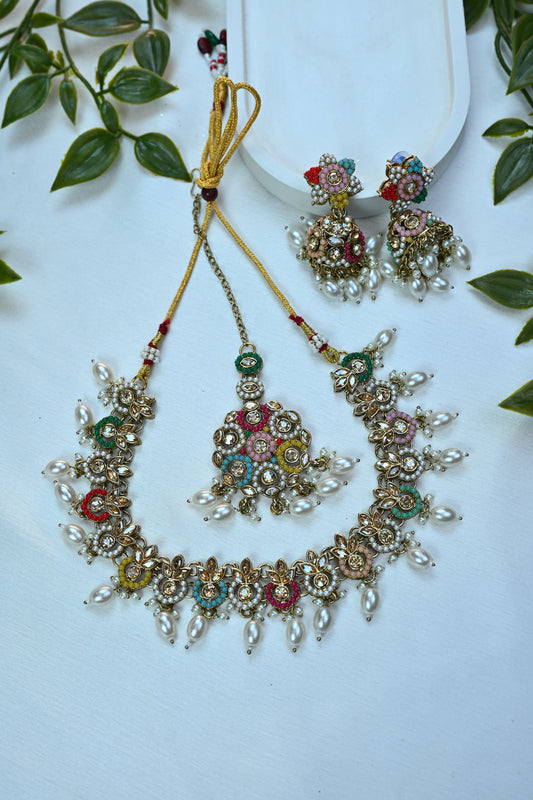 Pastel Meenakari Kundan Choker Set with Pearl Drops and Jhumka Earrings
