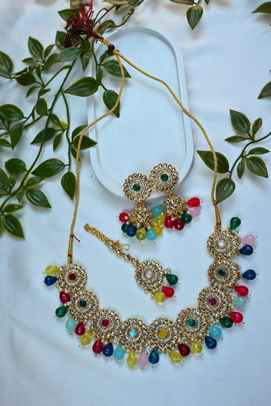 Multicolor Kundan Choker Set with Beaded Drops and Maang Tikka