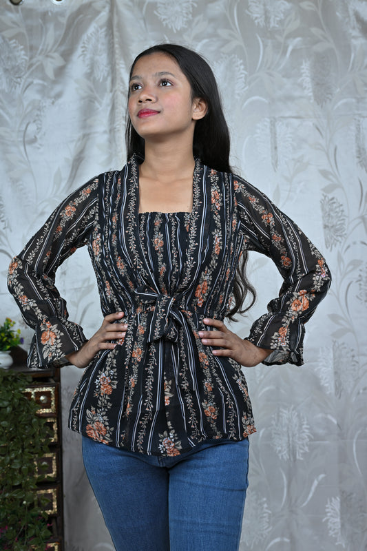 Women Floral Printed Tie-Up Peplum Top