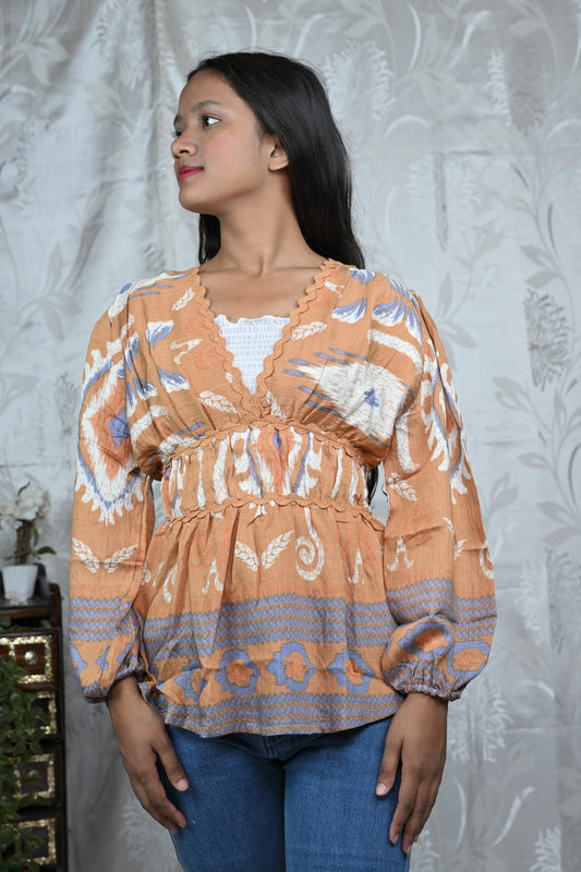 Boho Printed Empire Waist Peplum Top
