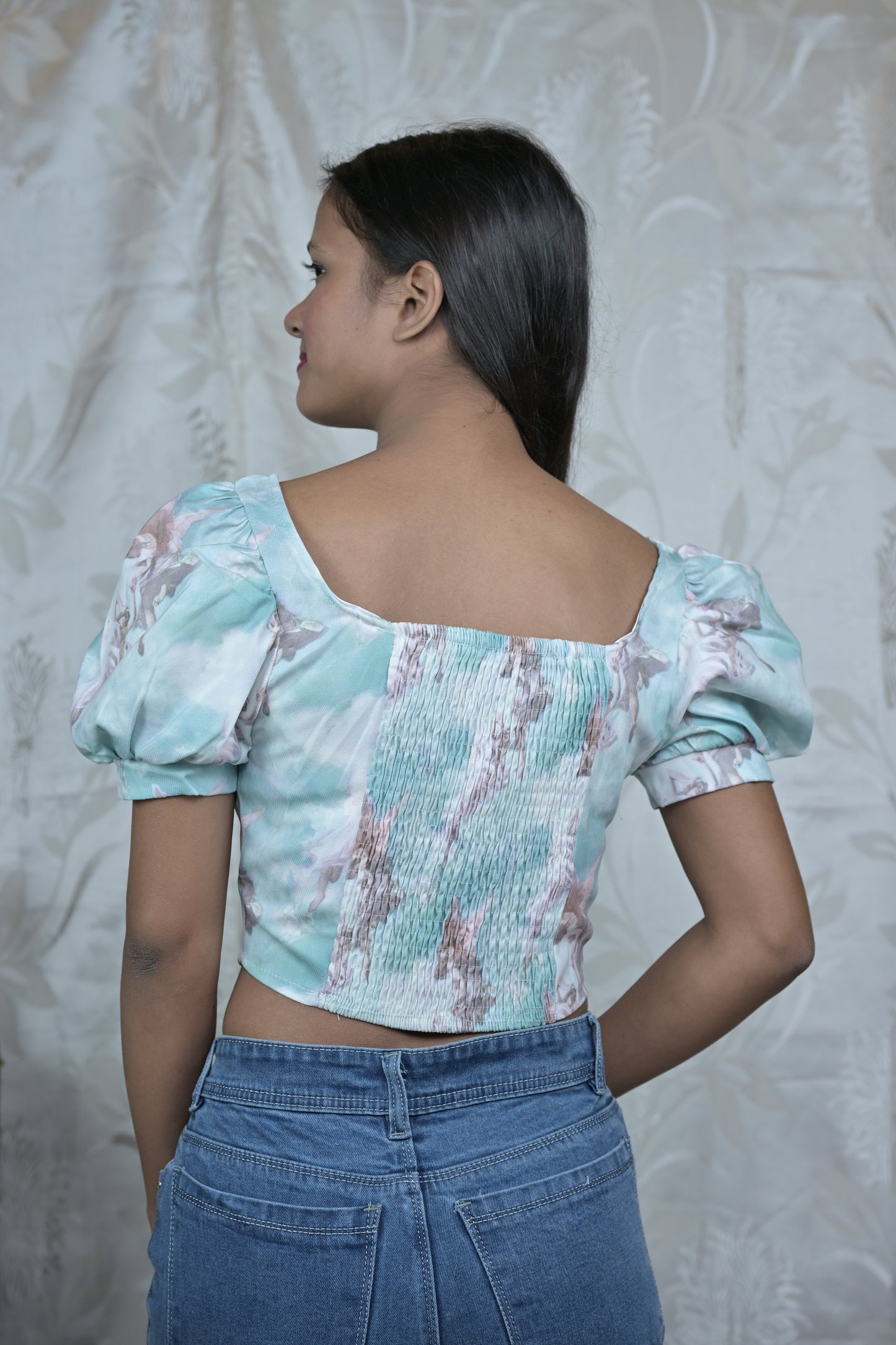 Angelic Print Puff Sleeve Corset Top