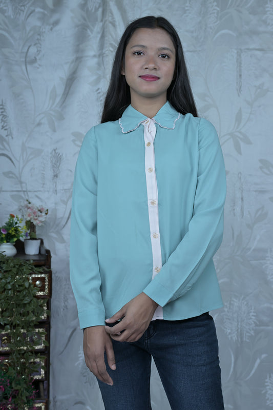 Teal Button-Down Shirt with Scalloped Trim