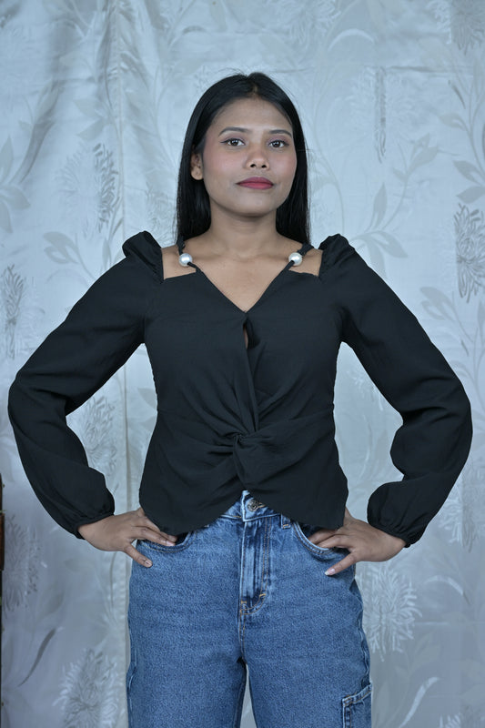 Black Twisted Front Top with Pearl Detail