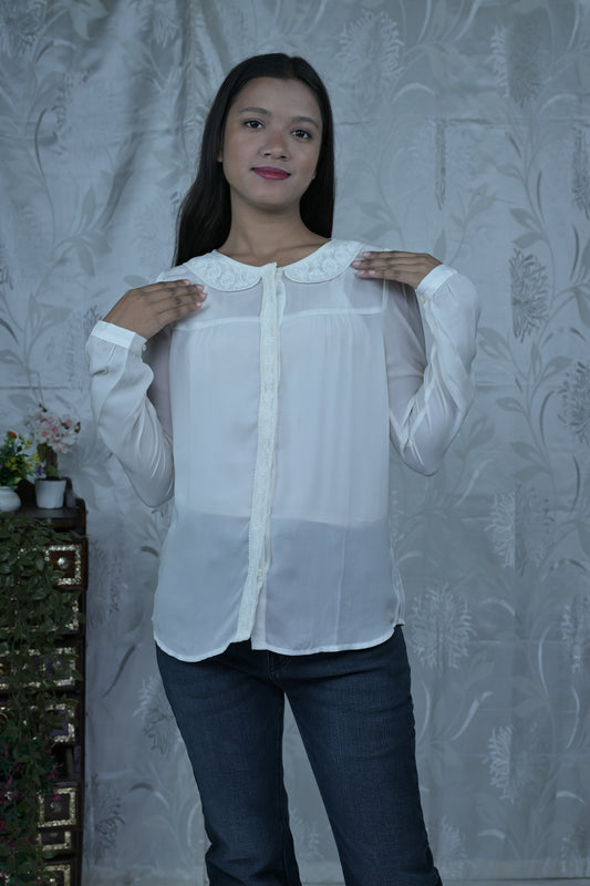 White Sheer Blouse with Embroidered Collar