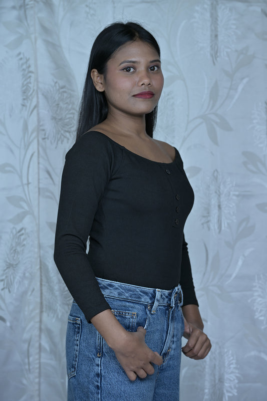 Black Off-Shoulder Button Bodysuit