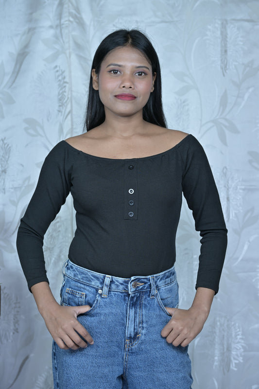Black Off-Shoulder Button Bodysuit