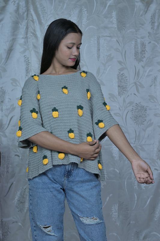 Grey Crochet Top with Pineapple Appliqués