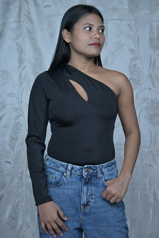 Black One-Shoulder Cutout Bodysuit