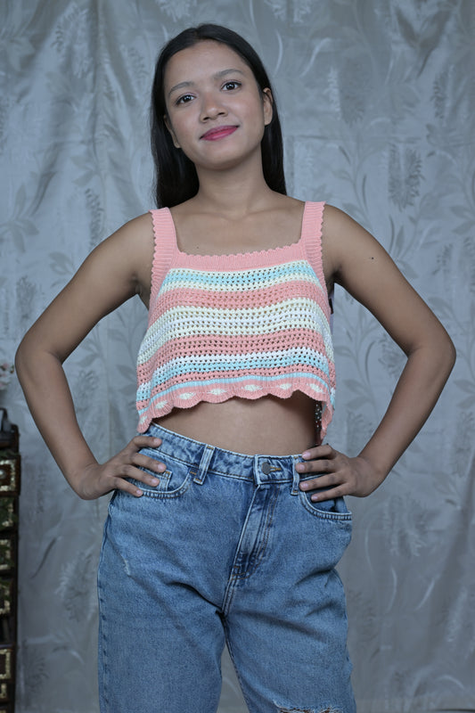 Pink and White Striped Crochet Crop Top