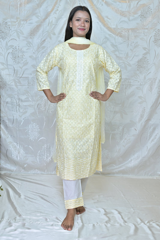 Elegant Lemon Yellow Embroidered 3-Piece Suit Set