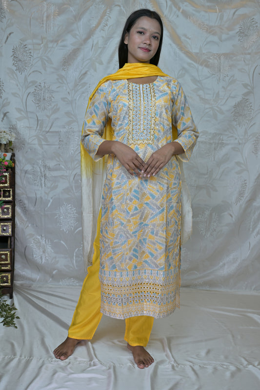 Radiant Yellow Printed & Embroidered 3-Piece Suit Set