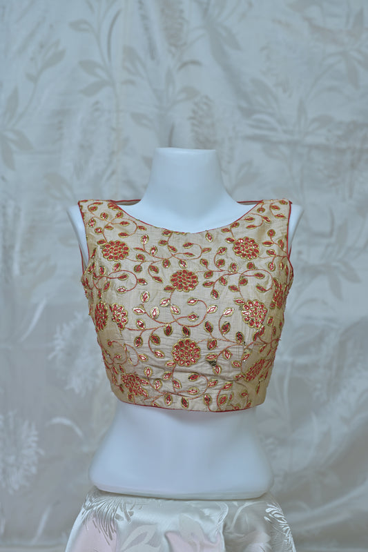 Elegant Cream & Red Embroidered Blouse