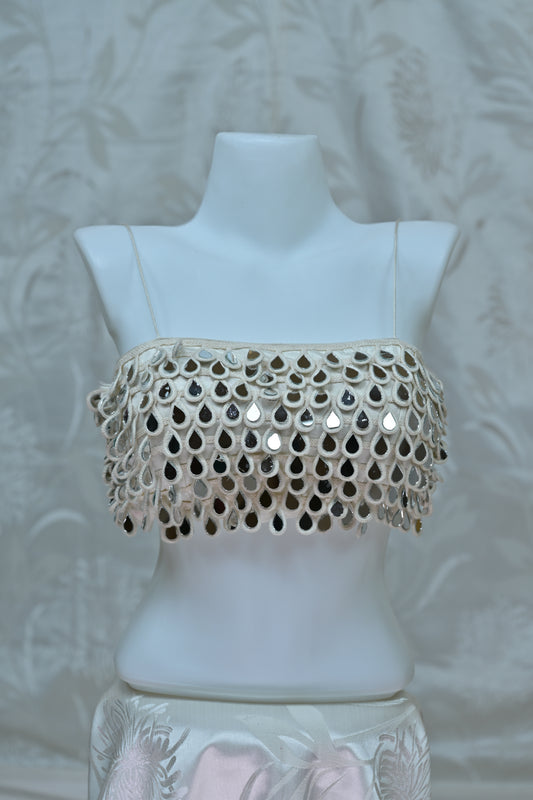 Glamorous White Mirror & Sequin Embellished Strapless Blouse/Crop Top