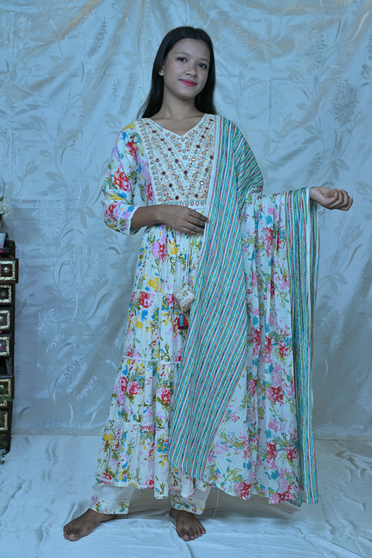 Floral Breeze" Embroidered & Printed 3PC Suit Set