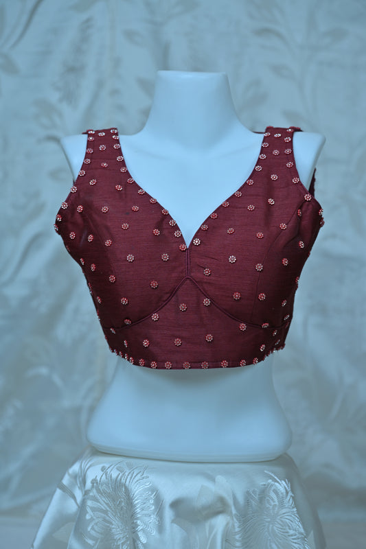 Elegant Maroon Embellished V-Neck Blouse