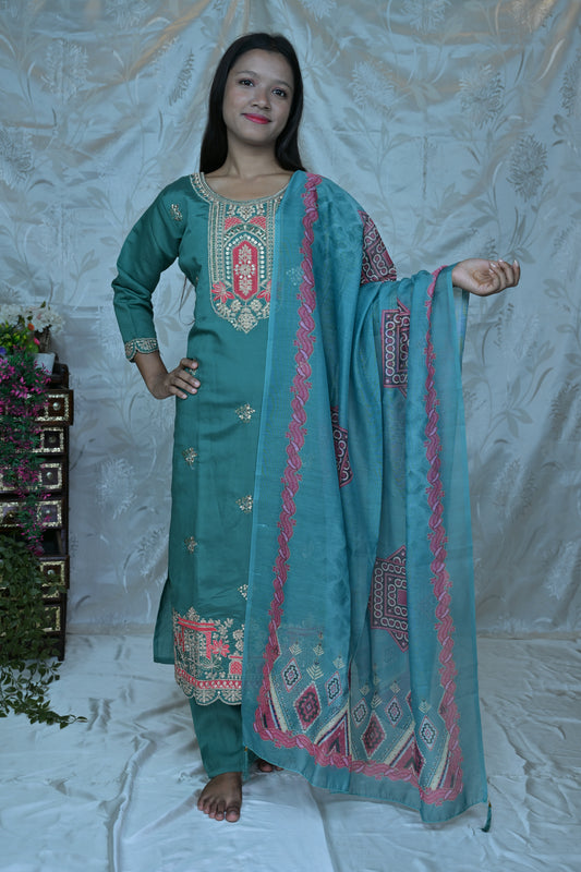 Teal Serenity" Embroidered & Printed 3PC Suit Set