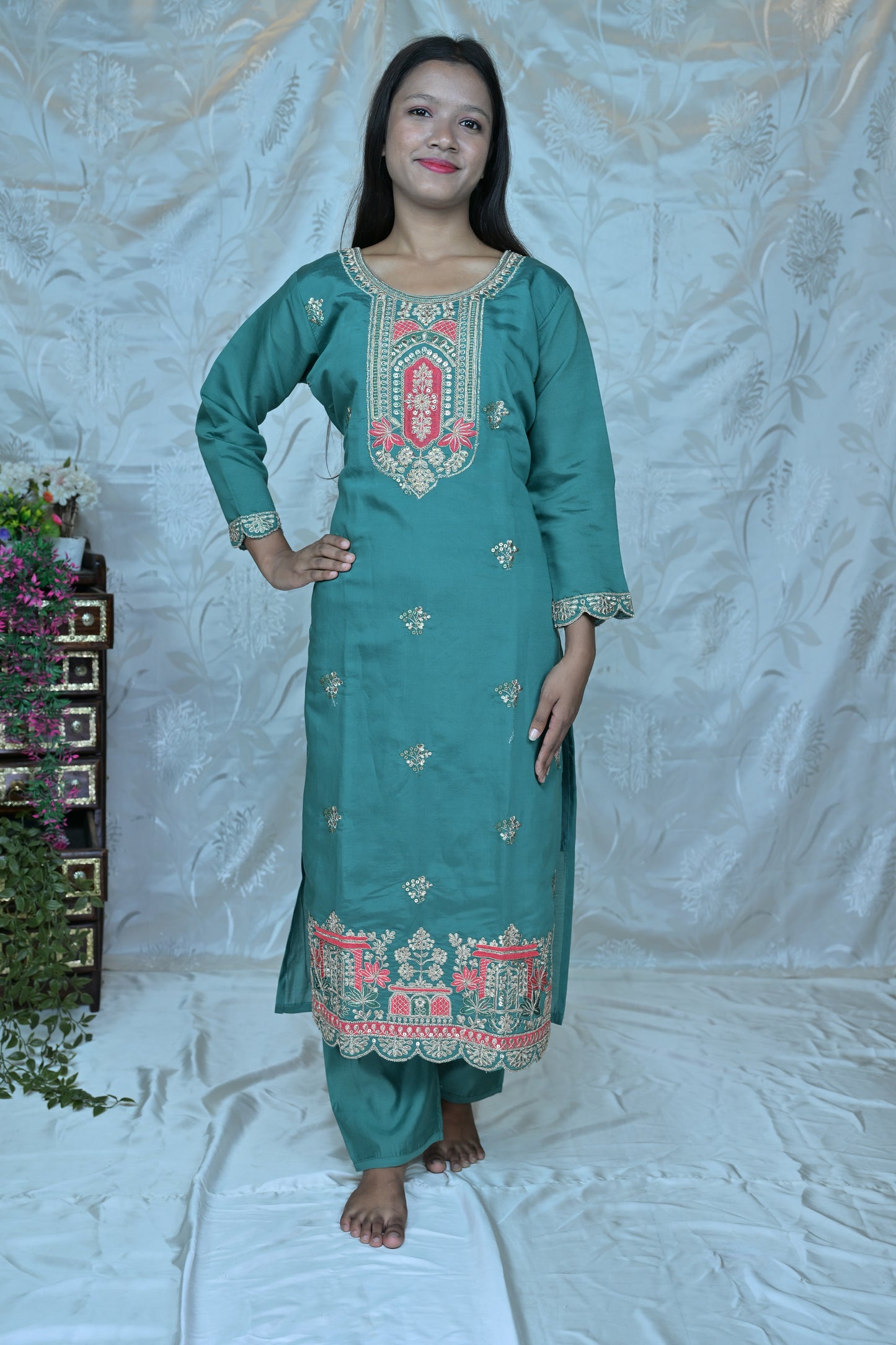 Teal Serenity" Embroidered & Printed 3PC Suit Set