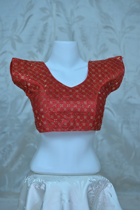 Vibrant Red Blouse with Gold Embellishments
