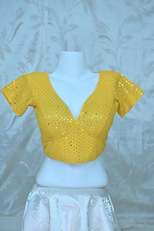 Dazzling Yellow Sequin Embellished V-Neck Blouse