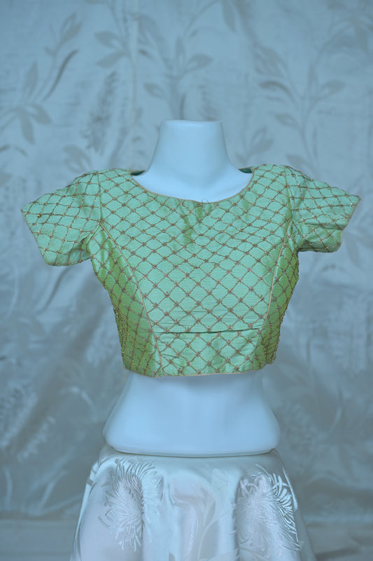 Elegant Mint Green Blouse with Gold Lattice Embroidery