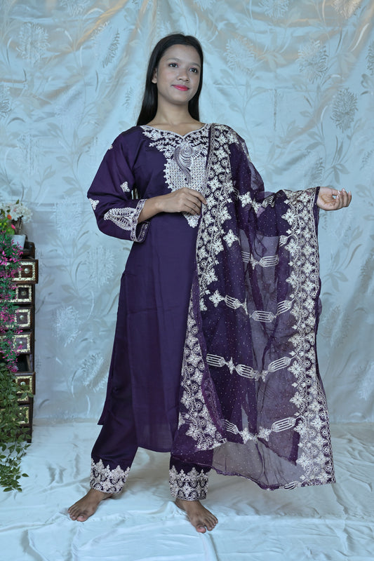 Regal Deep Purple 3-Piece Suit Set with White Embroidery