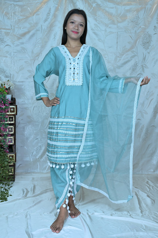 Chic Sky Blue 3-Piece Suit Set with White Lace and Pom-Pom Detailing