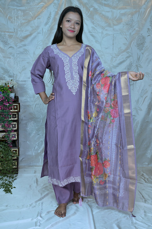 Elegant Lavender Suit Set with White Embroidery and Floral Dupatta
