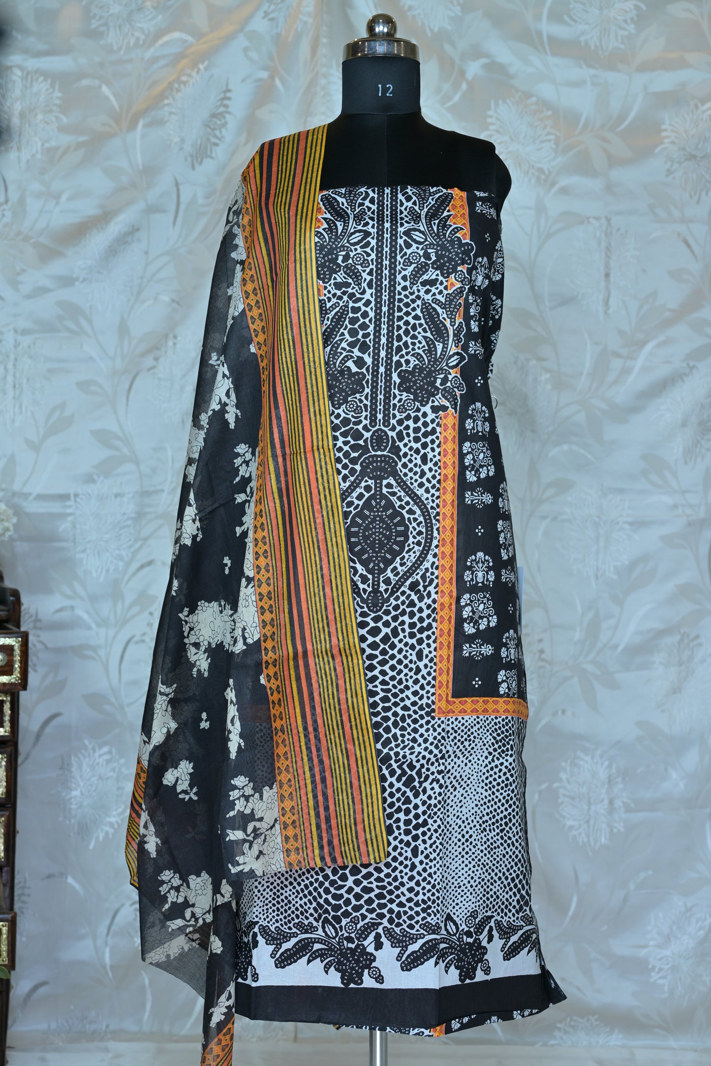 Contemporary Black & White Printed Unstitched Suit Set with Contrast Dupatta