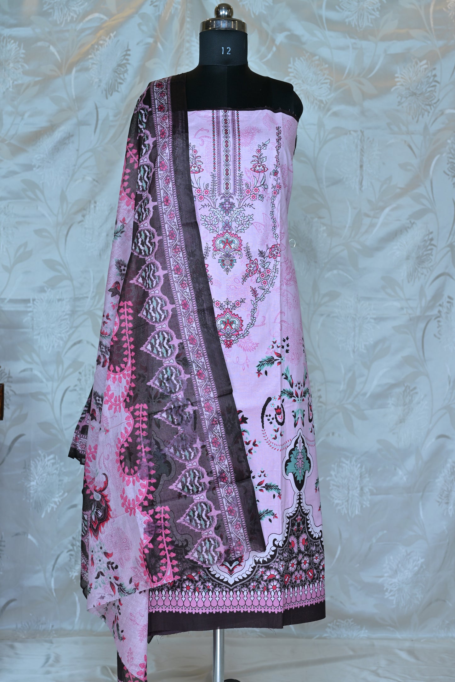 Charming Pink Printed Unstitched Suit Set with Contrasting Dupatta