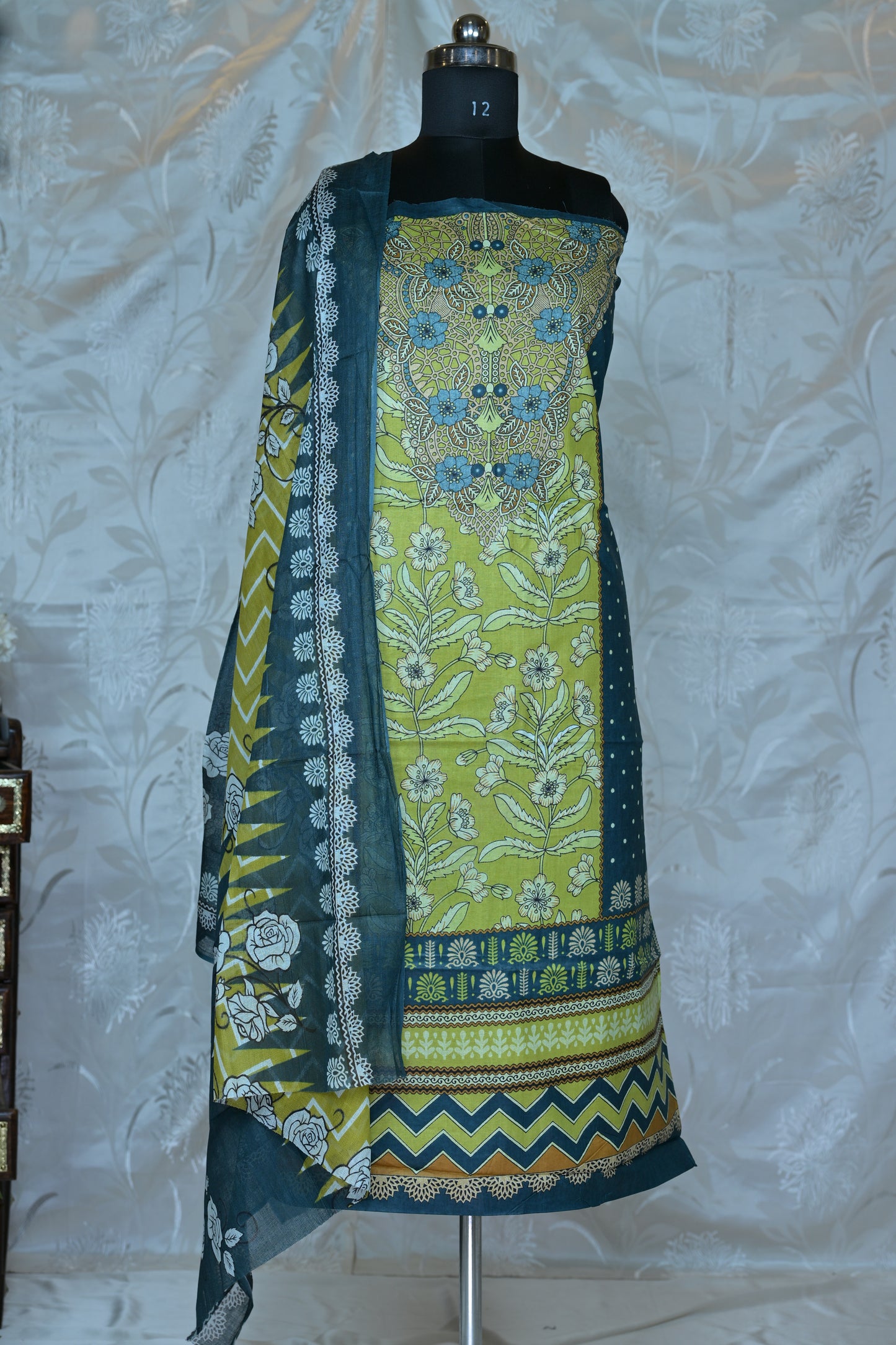 Vibrant Lime Green & Teal Printed Unstitched Suit Set