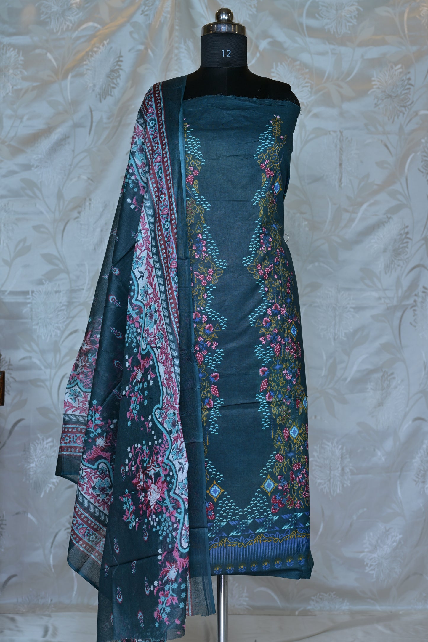 Elegant Deep Teal Printed Unstitched Suit Set with Floral Accents