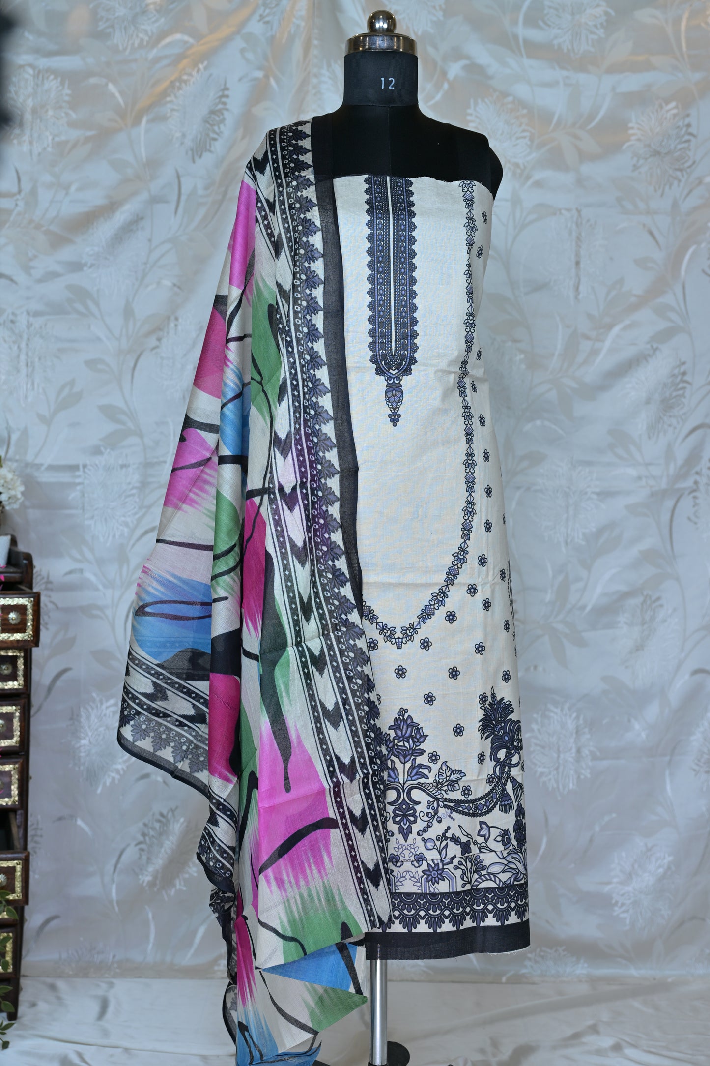 Elegant Off-White Printed Unstitched Suit Set with Vibrant Dupatta