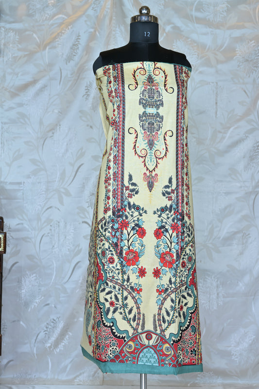 Elegant Printed Unstitched Suit Set with Traditional Motifs  Description: