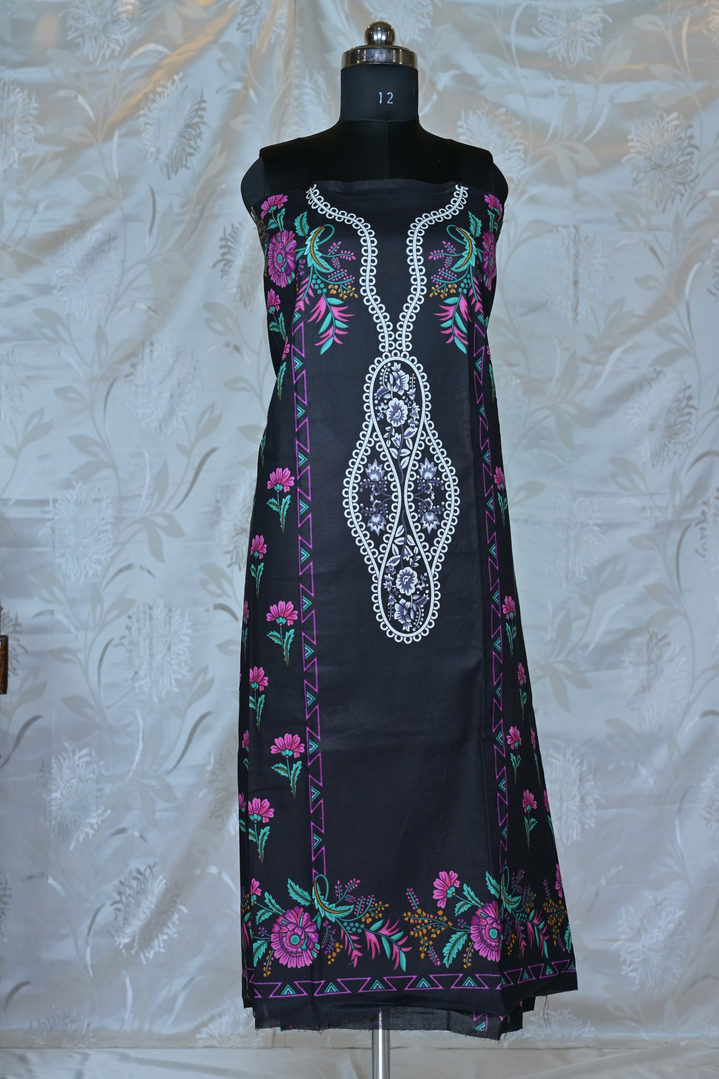 Bold Black Floral Printed Unstitched Suit Set