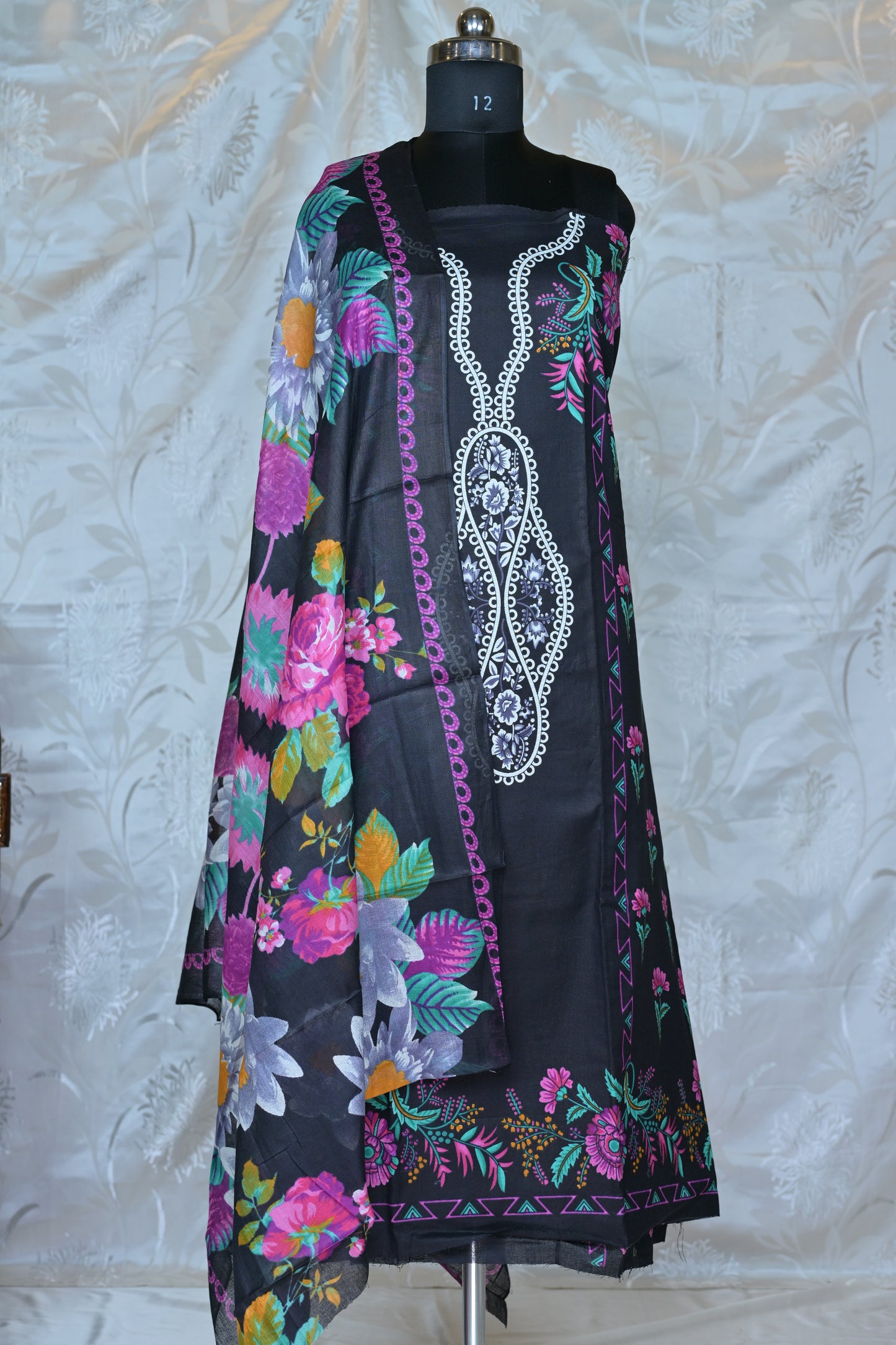Bold Black Floral Printed Unstitched Suit Set