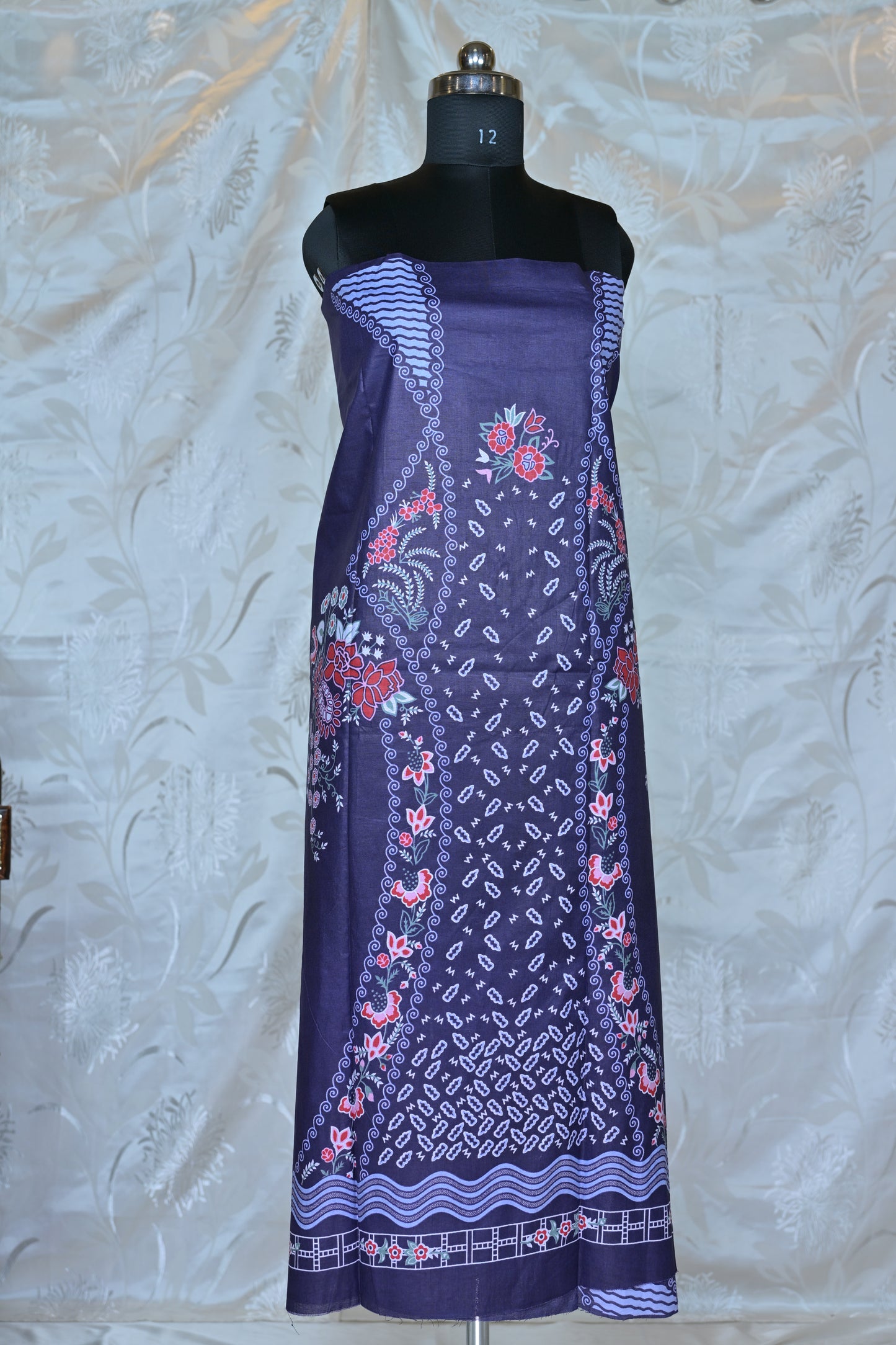 Elegant Periwinkle & Plum Printed Unstitched Suit Set