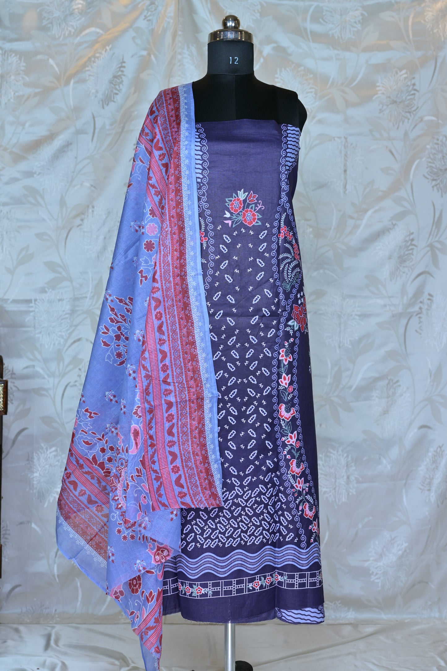Elegant Periwinkle & Plum Printed Unstitched Suit Set