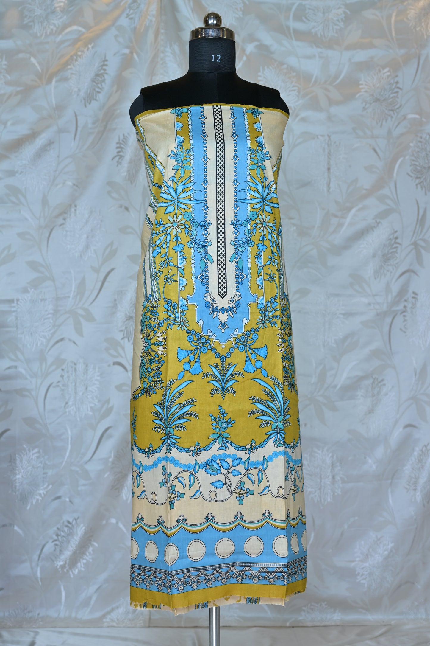 Vibrant Azure & Mustard Printed Unstitched Suit Set