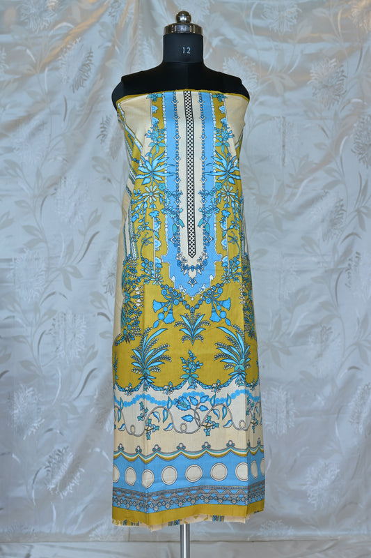 Vibrant Azure & Mustard Printed Unstitched Suit Set