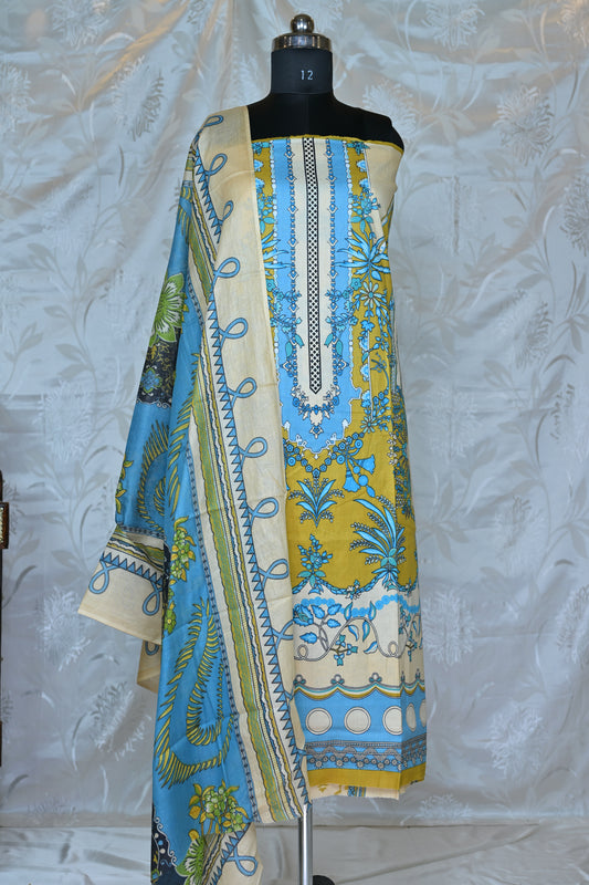 Vibrant Azure & Mustard Printed Unstitched Suit Set