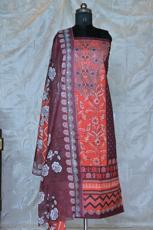 Rich Terracotta & Maroon Printed Unstitched Suit Set