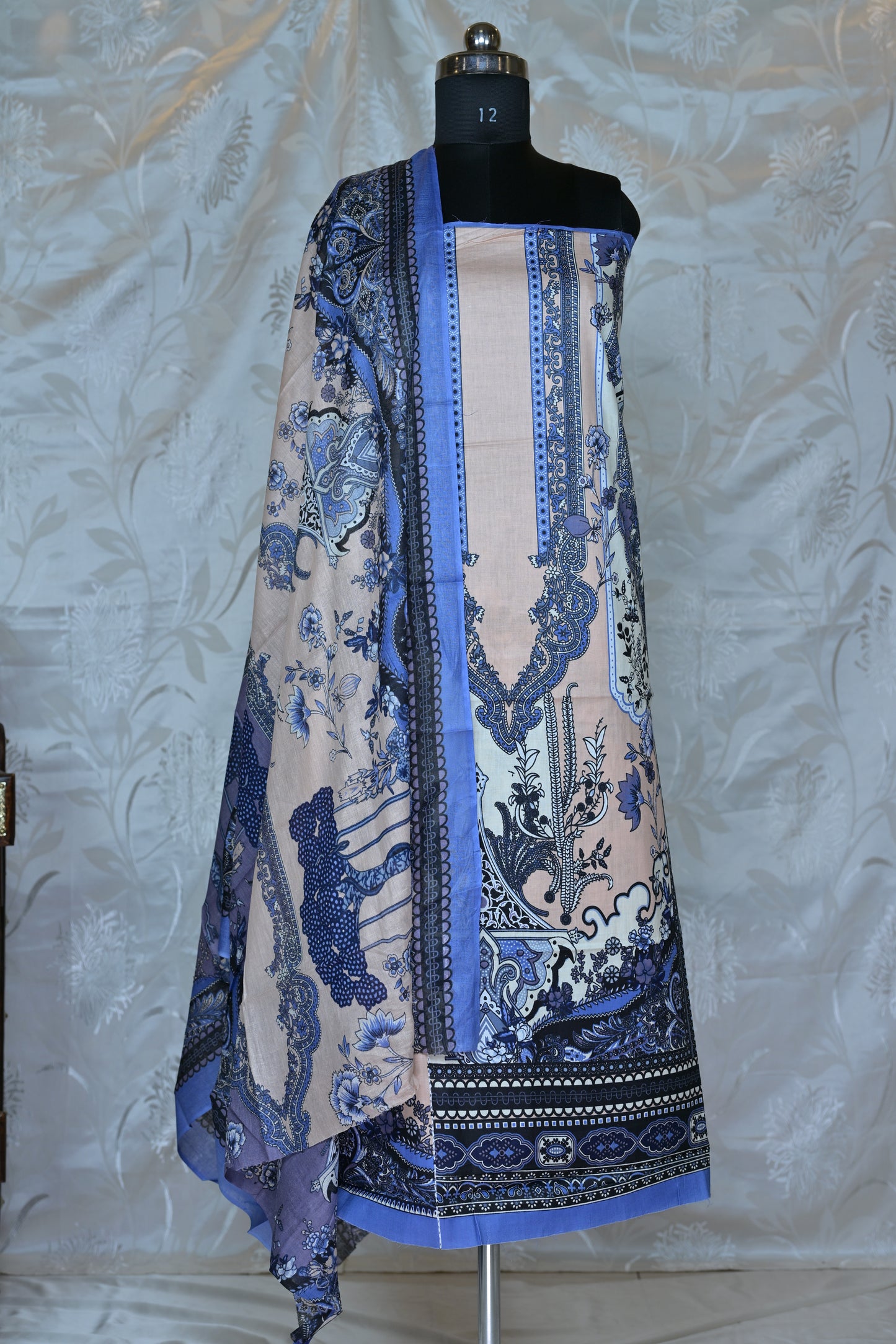 Elegant Blush Pink & Blue Printed Unstitched Suit Set